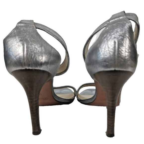 Coach Harleigh Cuba Ankle Strap Sandals Heels Court Leather Metallic Silver 10 - Picture 3 of 10